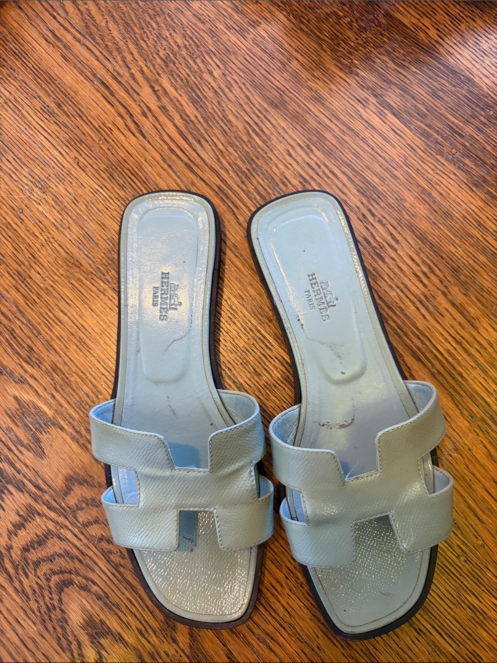 Hermes Pale Blue Leather Oran Sandals